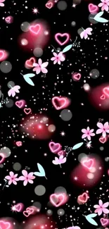 Glowing neon heart floral wallpaper design.