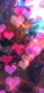 Neon heart galaxy wallpaper with vibrant colors.