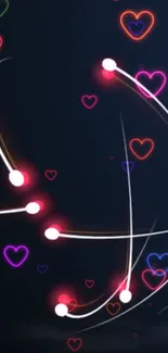 Vibrant neon hearts and glowing lines on dark blue background.