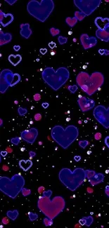 Neon purple hearts on starry black background.