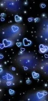 Neon hearts on a black cosmic background wallpaper.