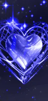 Neon heart with stars on a blue galaxy-themed background.