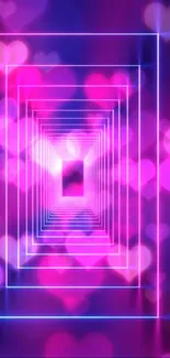 Vibrant neon geometric wallpaper with glowing pink hearts and purple hues.