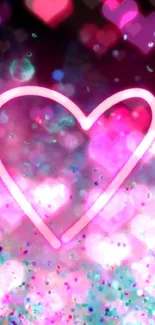 Neon heart with glitter on a purple background.