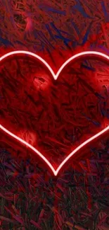 Neon heart glowing on abstract red background wallpaper.