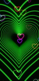 Vibrant neon green heart pattern with glowing lines and color accents.