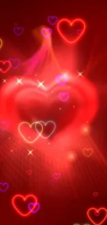 Vibrant neon hearts glowing on a red background wallpaper.