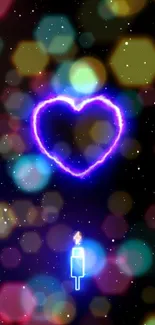 Neon heart glowing with colorful lights on a starry background.