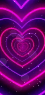 Neon heart pattern with pink and purple glow effects, perfect for mobile wallpaper.