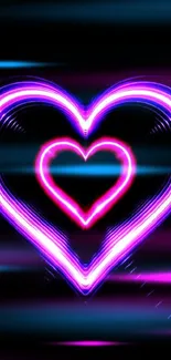 Neon purple and pink heart wallpaper on black background.