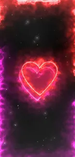 Neon heart glow in vibrant pink and red, forming a mobile phone outline.