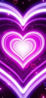 Vibrant neon heart wallpaper with glowing purple and pink layers on a dark background.