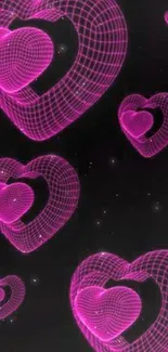 Neon pink grid hearts on black background wallpaper.