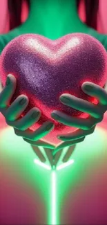 Neon-lit hands holding a sparkling pink heart with green glow.