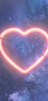 Neon heart glowing in a starry night sky background.