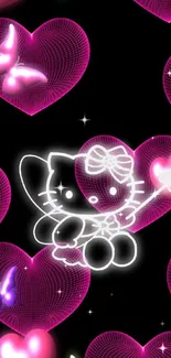 Neon kitty with hearts and butterflies in vibrant mobile wallpaper.