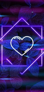 Neon geometric heart design on purple leaves background.