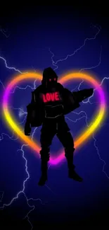 Silhouette with neon heart and lightning in dark background.