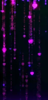 Neon heart lights cascade over a dark background.