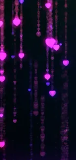 Neon heart lights cascading on a dark background, perfect for phone wallpaper.