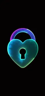 Neon heart-shaped lock on a black background