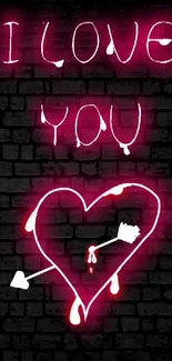 Neon heart with arrow on brick wall background.