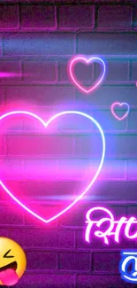 Neon heart wallpaper with playful emoji on brick wall background.