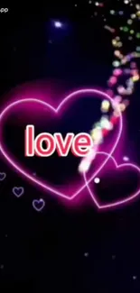 Neon love wallpaper with pink glowing hearts against a dark blue background.