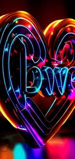 Vibrant neon heart with glowing 'love' text, perfect for a phone wallpaper.