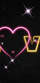 Vibrant neon wallpaper with heart design and glowing stars.