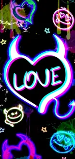 Neon heart with the word love and devilish features wallpaper.