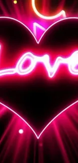 Neon pink heart with 'Love' glowing in center.