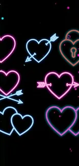 Neon hearts glowing on a dark background wallpaper.