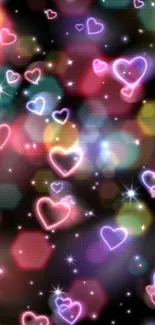 Glowing neon hearts with cosmic backdrop.