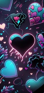 Neon heart-themed mobile wallpaper with vibrant colors.