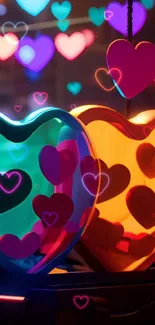 Vibrant neon heart wallpaper with glowing colorful hearts.