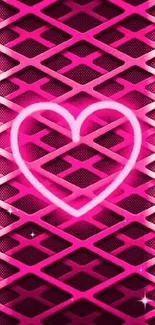 Neon pink heart wallpaper with geometric pattern.