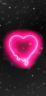 Neon pink dripping heart against a starry background on mobile wallpaper.