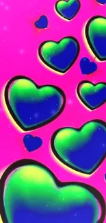 Neon hearts pattern on a vibrant pink background.