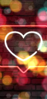 Neon heart with bokeh lights on a rustic brick wall backdrop.