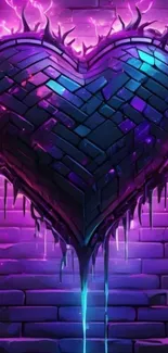 Neon heart with a glowing purple hue on a brick wall background.