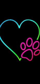 Neon heart and paw print on black background wallpaper.