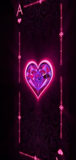 Neon heart design on playing card-themed wallpaper.