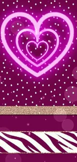 Mobile wallpaper featuring neon hearts and polka dots on a maroon background.