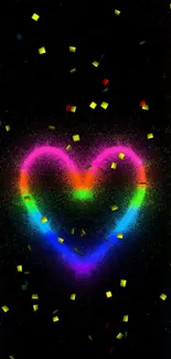 Neon rainbow heart on a black phone wallpaper.