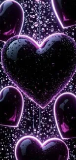 Neon hearts with purple glow and raindrops