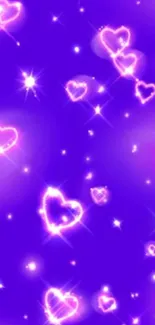 Neon purple wallpaper with glowing hearts.