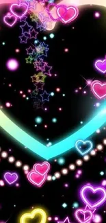 Neon hearts and stars with glowing effects on a black background.