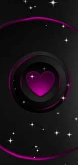 Black and purple starry wallpaper with neon heart and stars.