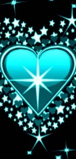 Neon blue heart with starry background wallpaper.